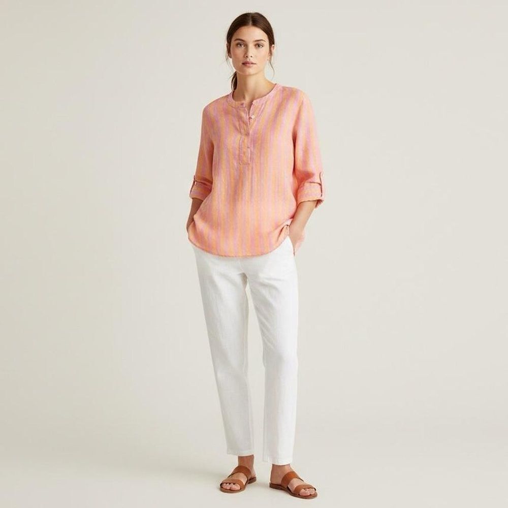 J.Crew Linen Popover Tunic Top Medium Pink Yellow Sherbet Stripe Coastal Preppy